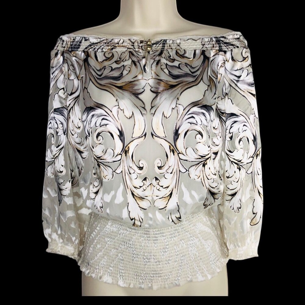 White House Women Smocked Top Off The Shoulder Blouse Size S Silk Blend Y2K